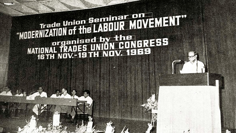 Finance Minister Goh Keng Swee, speaking at the opening of the NTUC’s Trade Union Seminar on the Modernization of the Labour Movement in 1969.